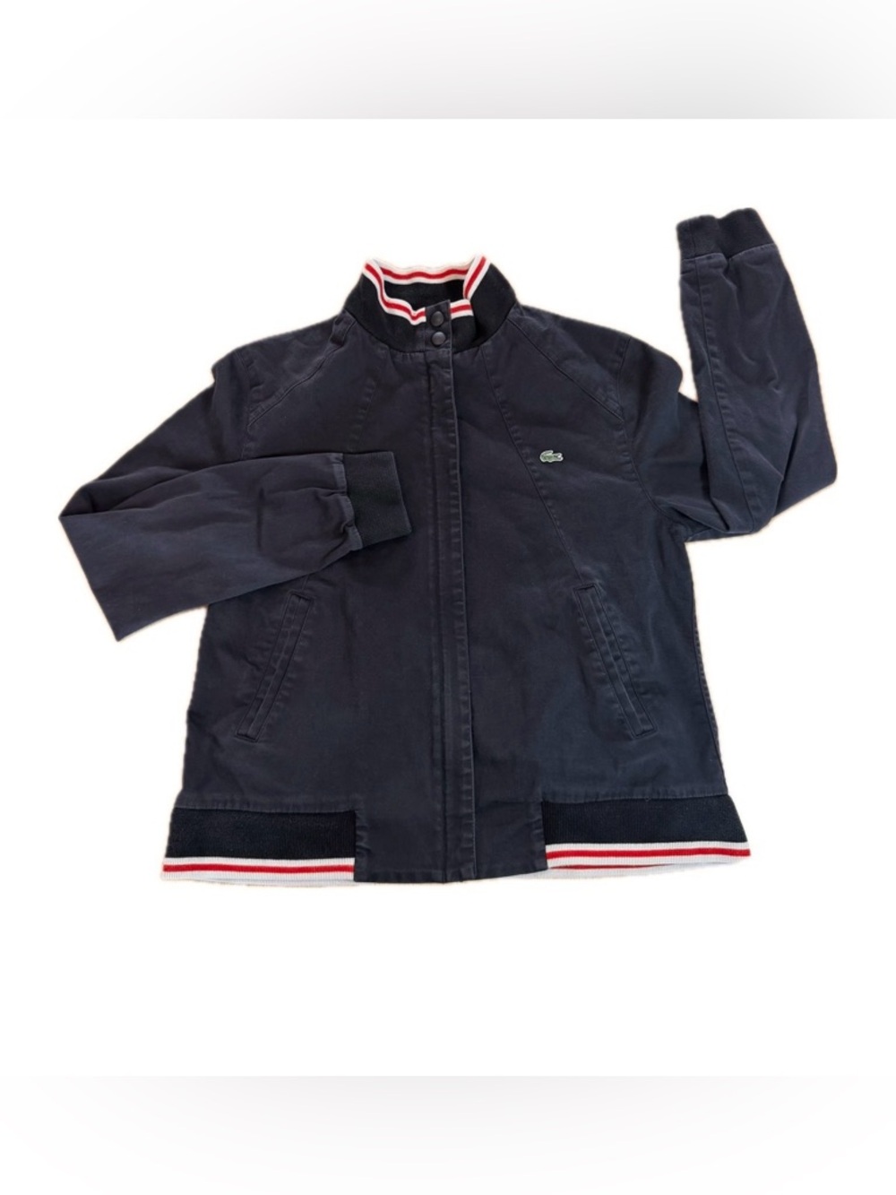 Lacoste Vintage Track Jacket Bomber Black France Sz 42 Small Ribbed Stripe Trim